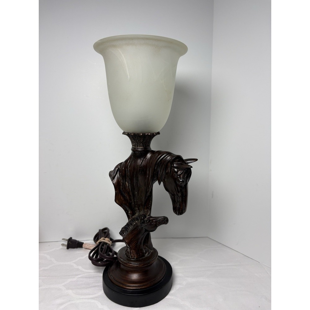 Mare And Foal Horse Table Lamp & Glass Shade Equestrian Bronze Color 16" Tall